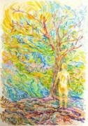 drawing of a person facing a multicolored tree